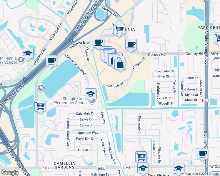 map of restaurants, bars, coffee shops, grocery stores, and more near 4206 Eastgate Drive in Orlando