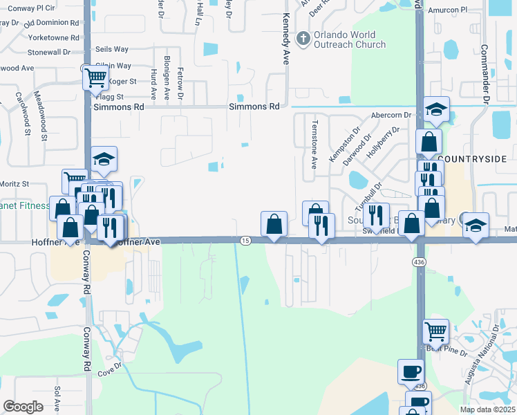 map of restaurants, bars, coffee shops, grocery stores, and more near 5147 Hoffner Avenue in Orlando
