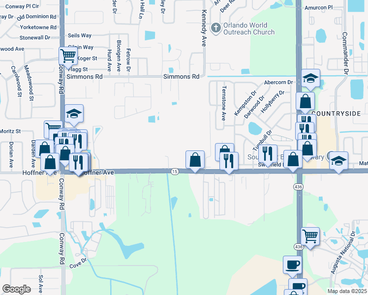 map of restaurants, bars, coffee shops, grocery stores, and more near 5147 Hoffner Avenue in Orlando