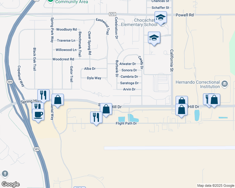 map of restaurants, bars, coffee shops, grocery stores, and more near 15413 Deer Path Drive in Brooksville