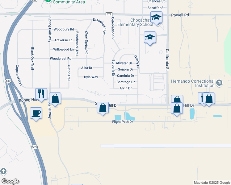 map of restaurants, bars, coffee shops, grocery stores, and more near 15413 Copeland Way in Brooksville