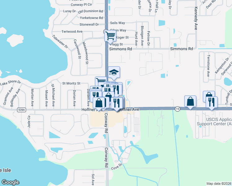 map of restaurants, bars, coffee shops, grocery stores, and more near 4469 Hoffner Avenue in Orlando