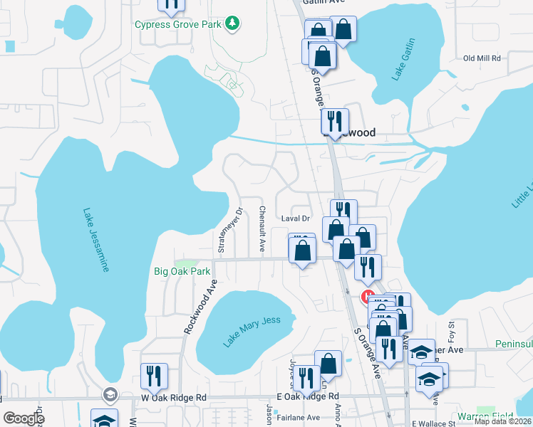 map of restaurants, bars, coffee shops, grocery stores, and more near 5305 Chenault Avenue in Orlando