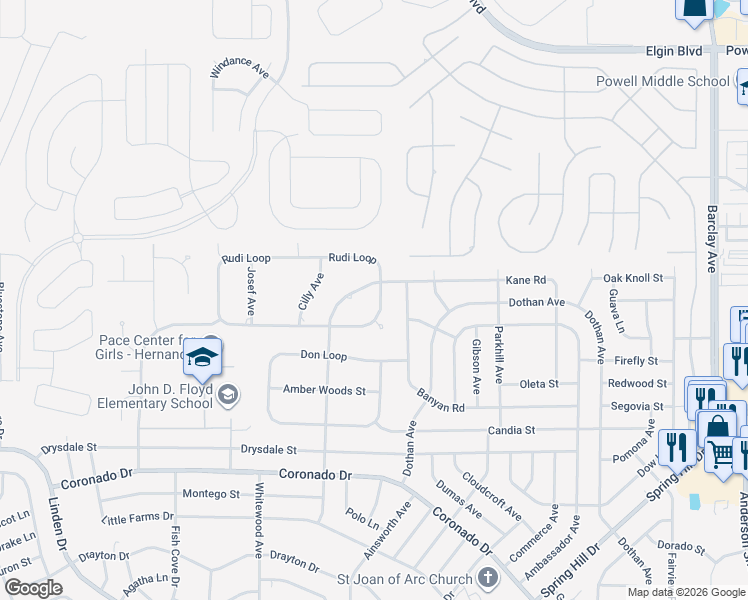 map of restaurants, bars, coffee shops, grocery stores, and more near 13768 Rudi Loop in Spring Hill