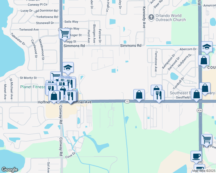 map of restaurants, bars, coffee shops, grocery stores, and more near 4809 Hoffner Avenue in Orlando
