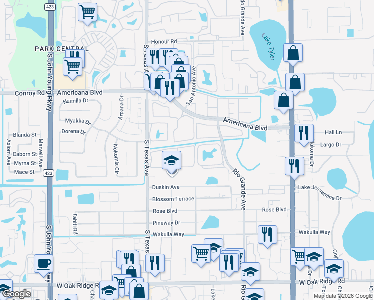 map of restaurants, bars, coffee shops, grocery stores, and more near 2073 Rivertree Circle in Orlando