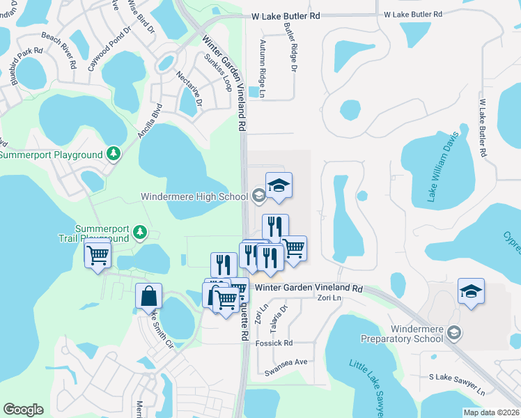 map of restaurants, bars, coffee shops, grocery stores, and more near 4927-5129 Winter Garden Vineland Road in Windermere