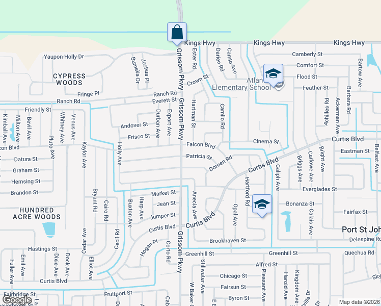 map of restaurants, bars, coffee shops, grocery stores, and more near 4985 Patricia Street in Cocoa
