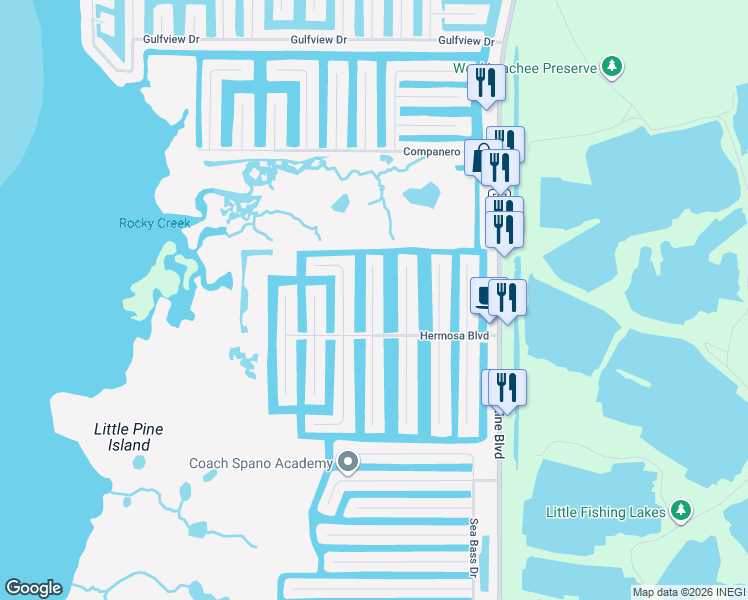 map of restaurants, bars, coffee shops, grocery stores, and more near 3329 Oleander Drive in Hernando Beach