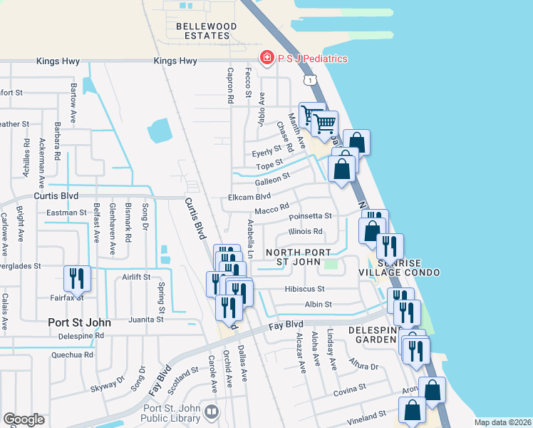 map of restaurants, bars, coffee shops, grocery stores, and more near 401 Arabella Lane in Cocoa