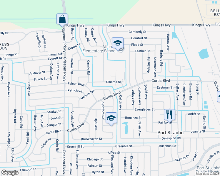 map of restaurants, bars, coffee shops, grocery stores, and more near 4720 Curtis Boulevard in Cocoa