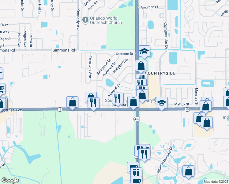 map of restaurants, bars, coffee shops, grocery stores, and more near 5900 Sunderland Drive in Orlando