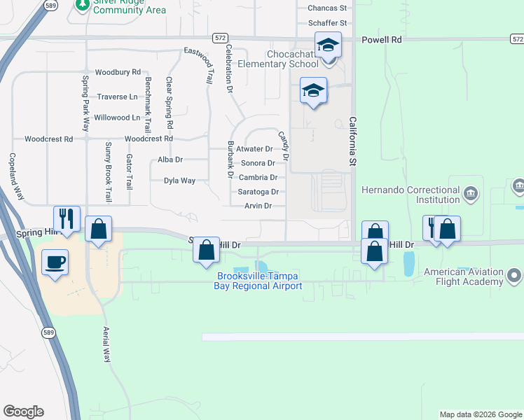 map of restaurants, bars, coffee shops, grocery stores, and more near 15468 Arvin Drive in Spring Hill