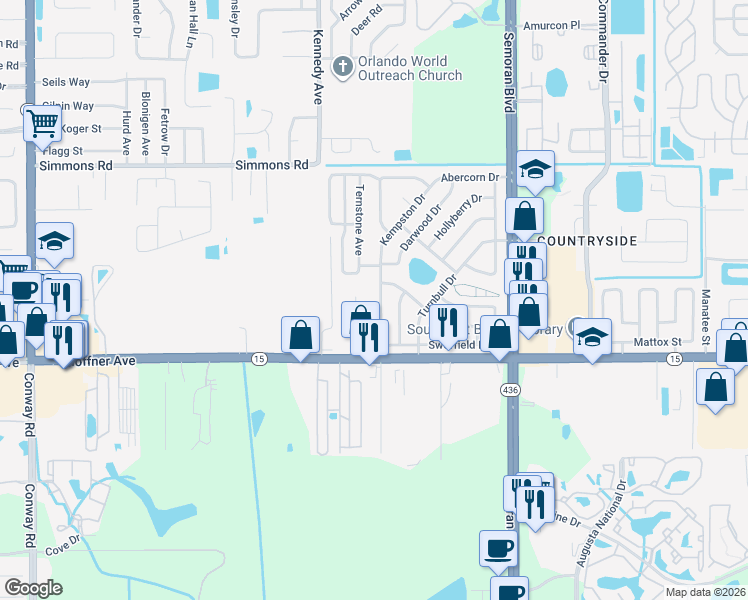 map of restaurants, bars, coffee shops, grocery stores, and more near 5680 Darnell Place in Orlando