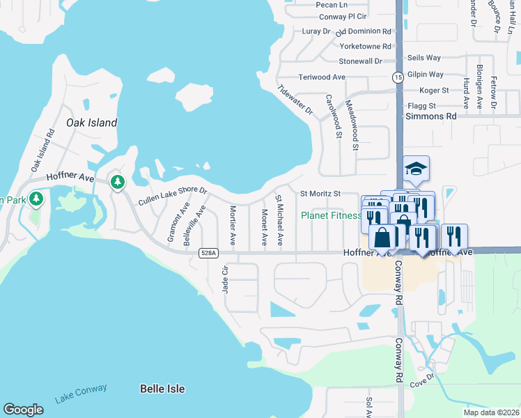 map of restaurants, bars, coffee shops, grocery stores, and more near 3420 Cullen Lake Shore Drive in Belle Isle