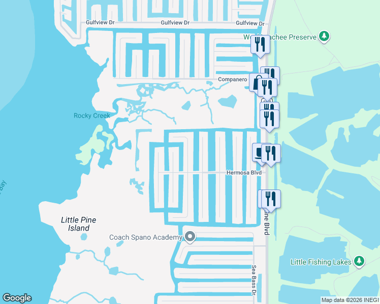 map of restaurants, bars, coffee shops, grocery stores, and more near 3428 Crape Myrtle Drive in Hernando Beach