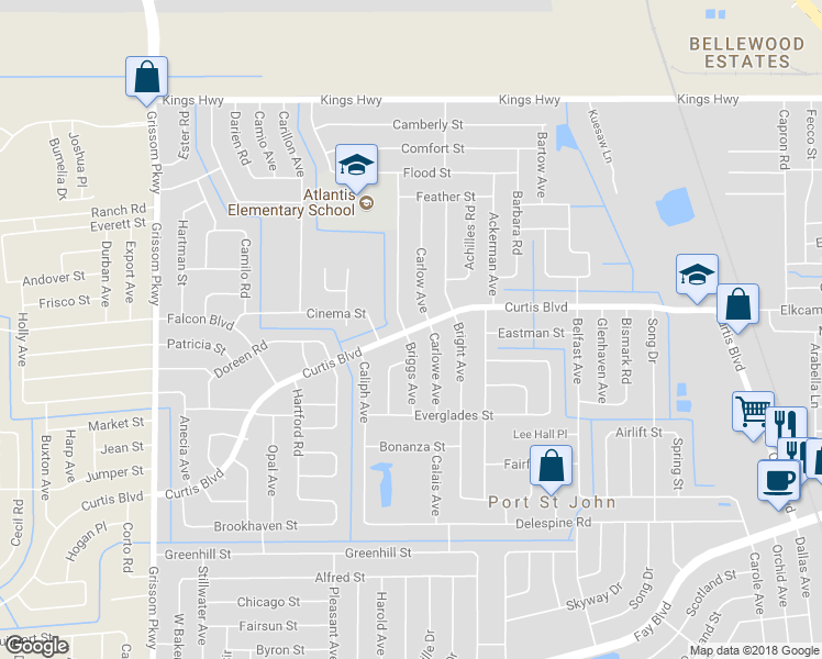 map of restaurants, bars, coffee shops, grocery stores, and more near 4536 Curtis Boulevard in Port Saint John