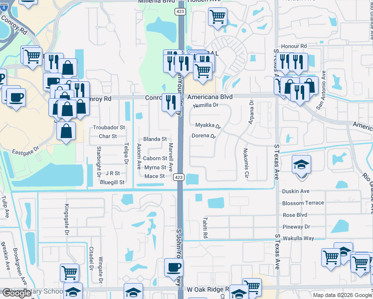map of restaurants, bars, coffee shops, grocery stores, and more near 5420 Chapparrel Drive in Orlando
