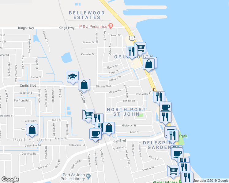 map of restaurants, bars, coffee shops, grocery stores, and more near 974 Macco Road in Cocoa