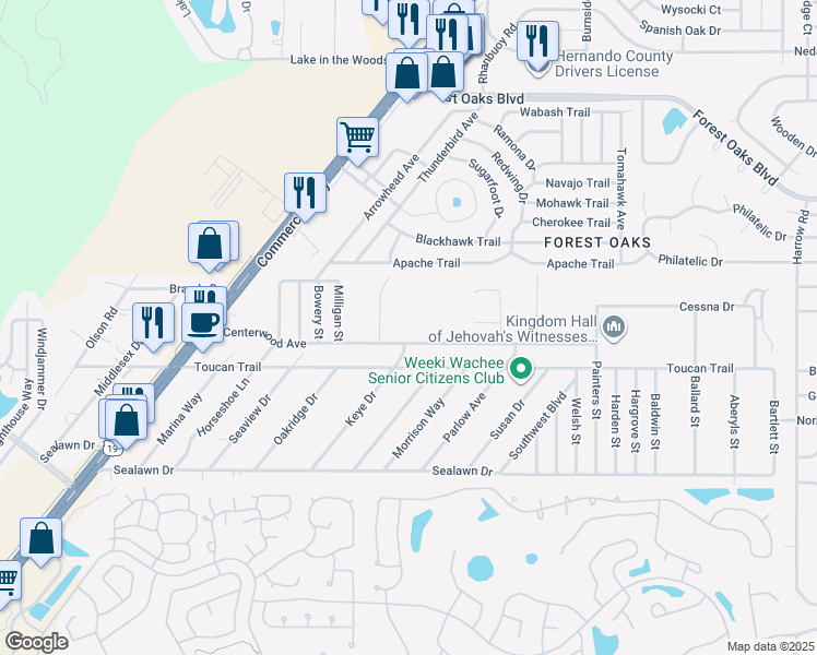 map of restaurants, bars, coffee shops, grocery stores, and more near 7297 Centerwood Avenue in Spring Hill