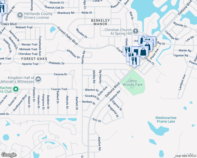 map of restaurants, bars, coffee shops, grocery stores, and more near 3363 Hartley Road in Spring Hill