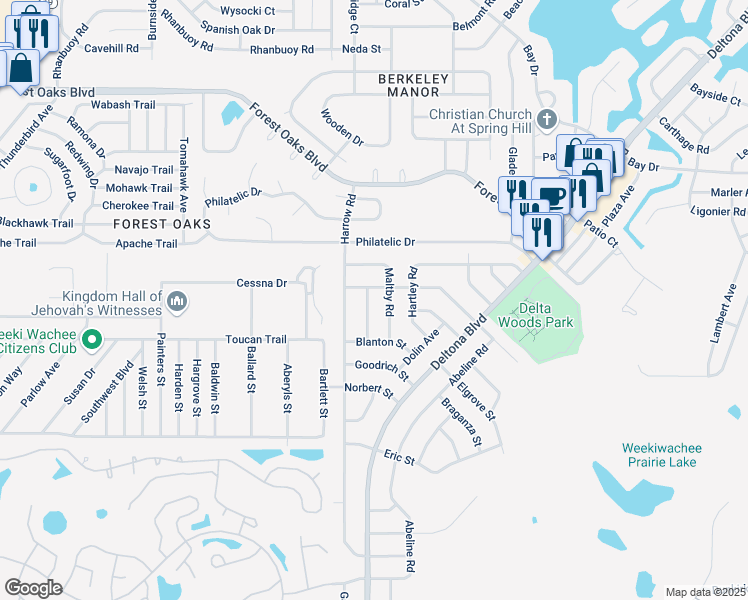 map of restaurants, bars, coffee shops, grocery stores, and more near 3366 Dorian Avenue in Spring Hill