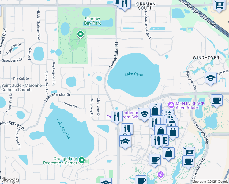 map of restaurants, bars, coffee shops, grocery stores, and more near 6671 Lake Cane Drive in Orlando