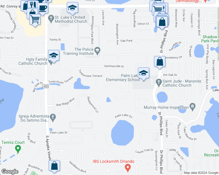 map of restaurants, bars, coffee shops, grocery stores, and more near 8612 Old Bridge Lane in Orlando