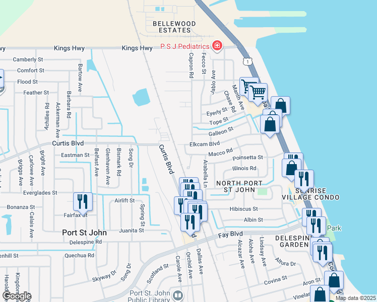 map of restaurants, bars, coffee shops, grocery stores, and more near 906 Macco Road in Cocoa
