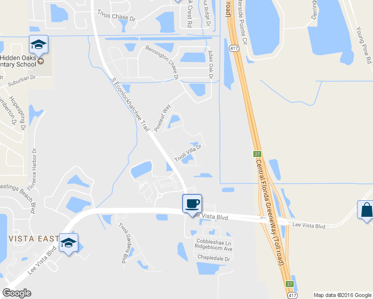 map of restaurants, bars, coffee shops, grocery stores, and more near 9871 Tivoli Villa Drive in Orlando