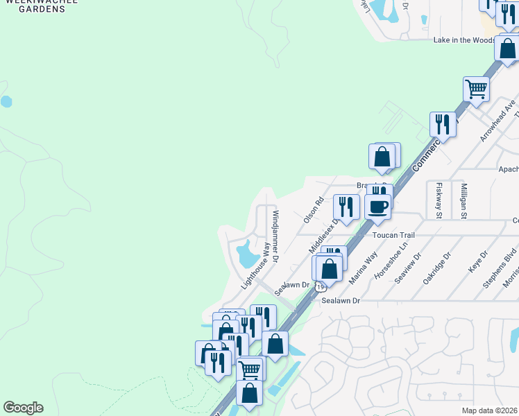 map of restaurants, bars, coffee shops, grocery stores, and more near 3340-3344 Lighthouse Way in Spring Hill