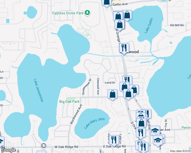 map of restaurants, bars, coffee shops, grocery stores, and more near 5 Kepner Street in Orlando