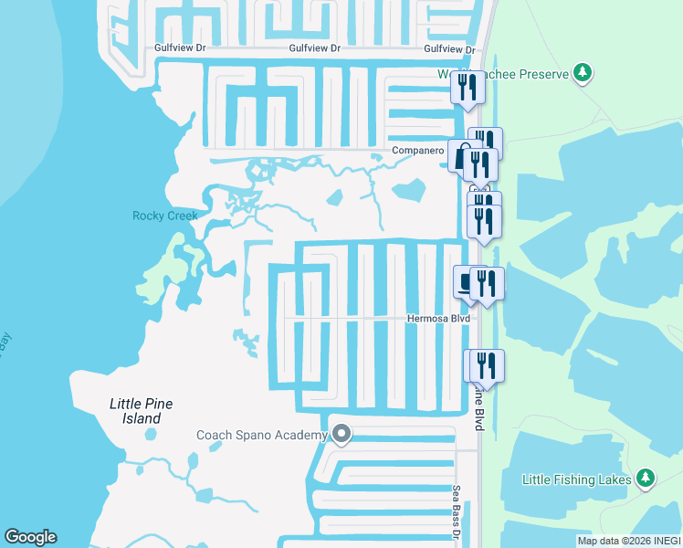 map of restaurants, bars, coffee shops, grocery stores, and more near 3428 Crape Myrtle Drive in Hernando Beach