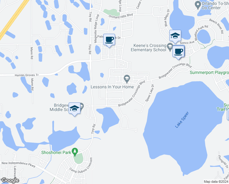map of restaurants, bars, coffee shops, grocery stores, and more near Driftwood Bend Street in Winter Garden