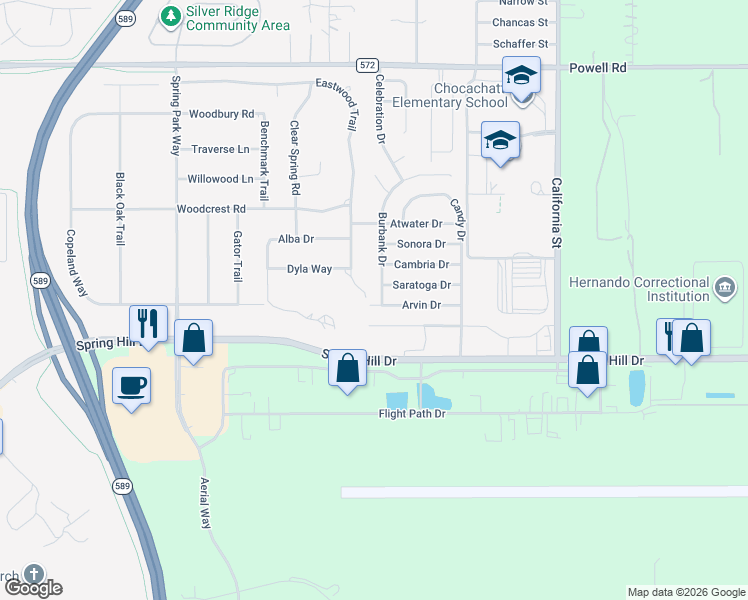 map of restaurants, bars, coffee shops, grocery stores, and more near 15249 Burbank Drive in Spring Hill