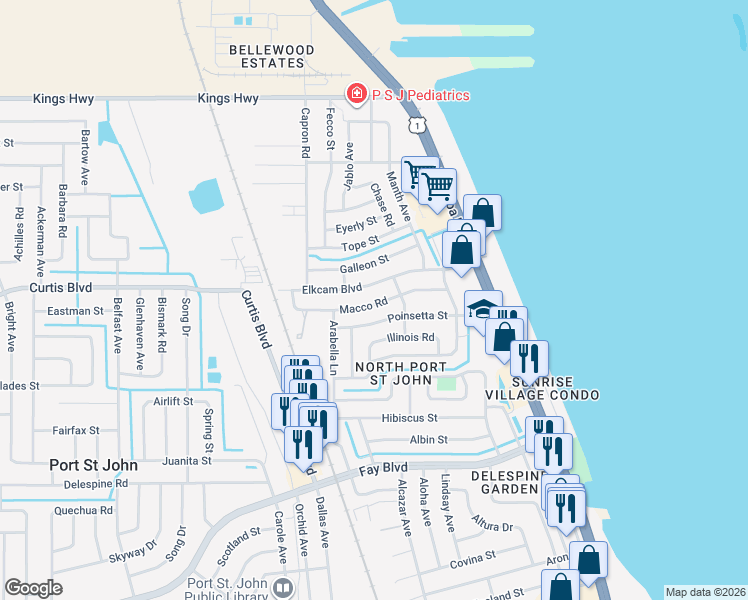 map of restaurants, bars, coffee shops, grocery stores, and more near 986 Macco Road in Cocoa