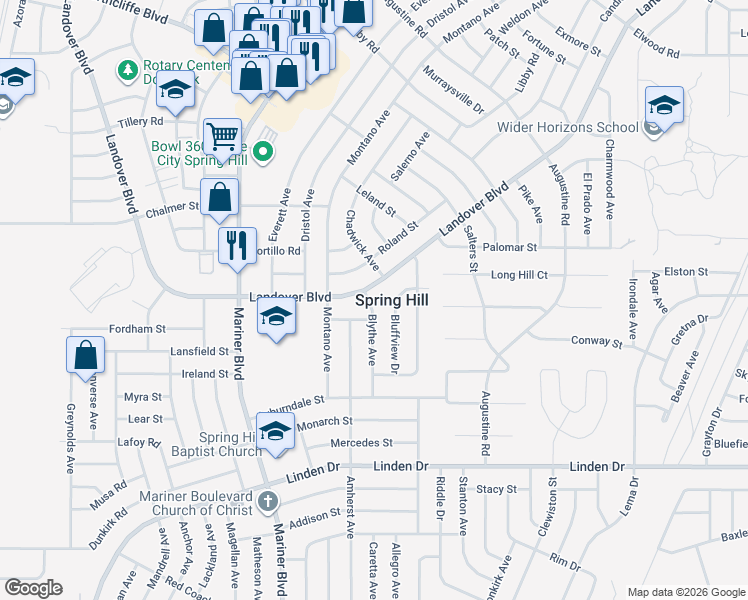 map of restaurants, bars, coffee shops, grocery stores, and more near 3338 Blythe Avenue in Spring Hill
