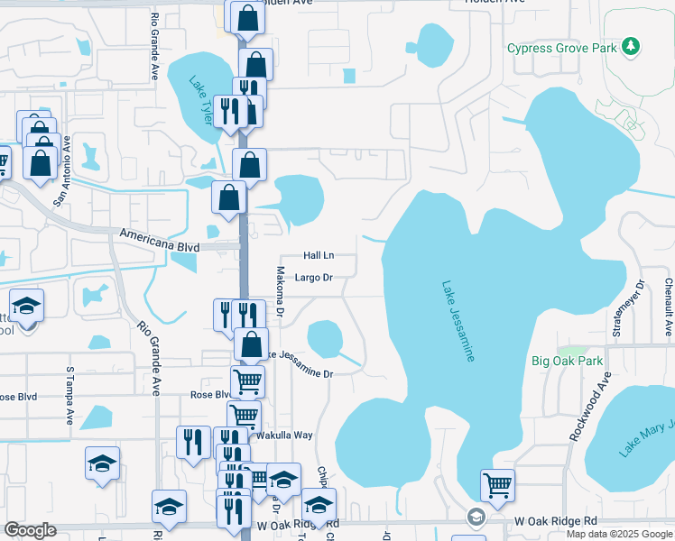 map of restaurants, bars, coffee shops, grocery stores, and more near 1124 Hall Lane in Orlando