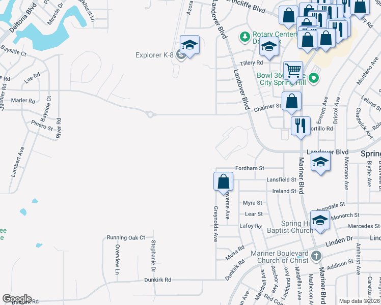 map of restaurants, bars, coffee shops, grocery stores, and more near 10279 Fordham Street in Spring Hill