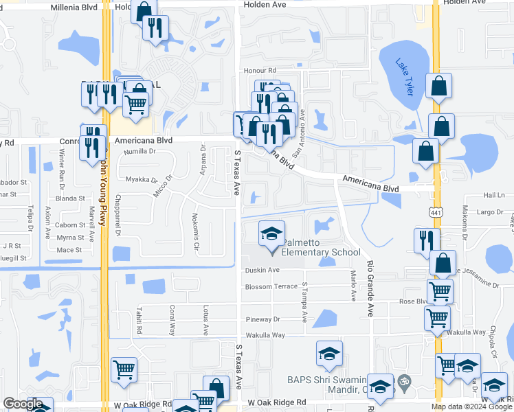 map of restaurants, bars, coffee shops, grocery stores, and more near 5424 Fitness Circle in Orlando
