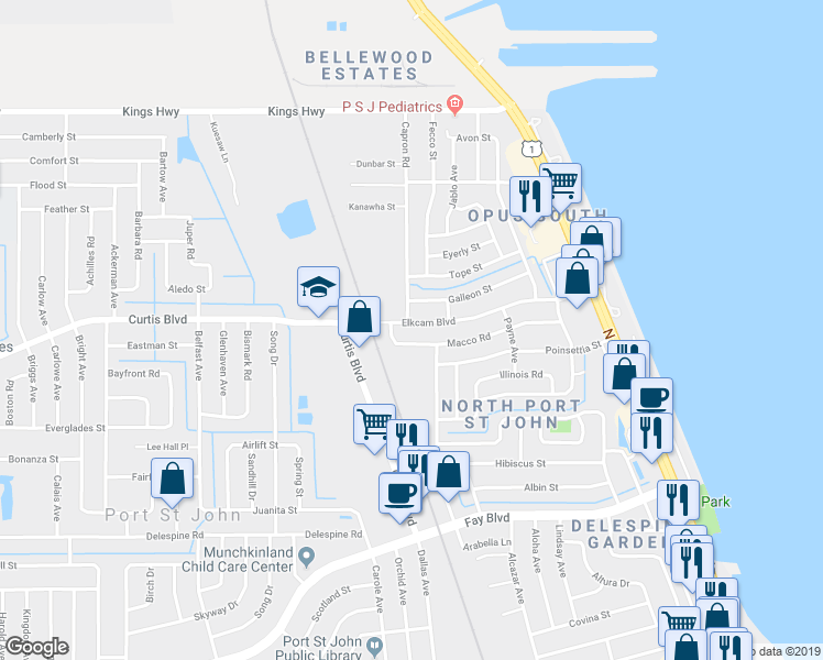 map of restaurants, bars, coffee shops, grocery stores, and more near 927 Elkcam Boulevard in Cocoa