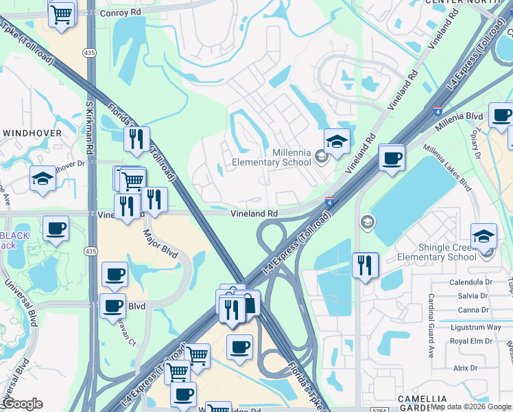 map of restaurants, bars, coffee shops, grocery stores, and more near 5421 Vineland Road in Orlando