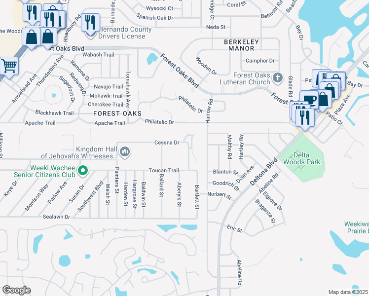 map of restaurants, bars, coffee shops, grocery stores, and more near 8184 Cessna Drive in Spring Hill