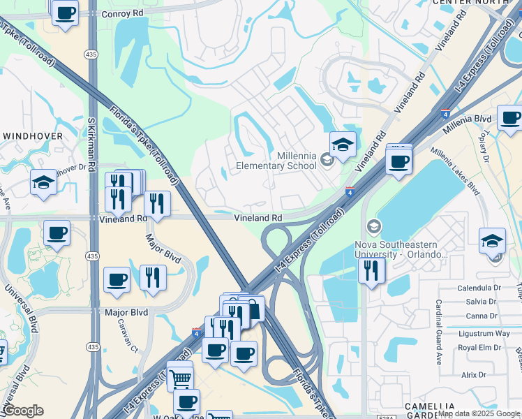 map of restaurants, bars, coffee shops, grocery stores, and more near 5421 Vineland Road in Orlando
