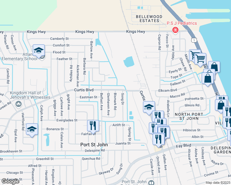 map of restaurants, bars, coffee shops, grocery stores, and more near 7065 Bismark Road in Port Saint John