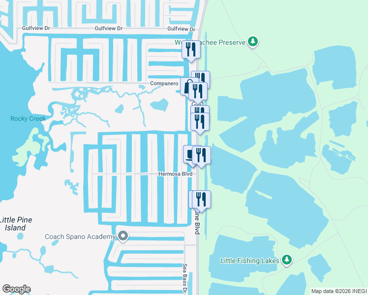 map of restaurants, bars, coffee shops, grocery stores, and more near 3398 Fernleaf Drive in Hernando Beach
