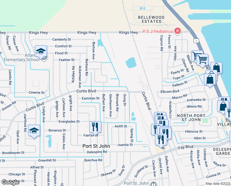 map of restaurants, bars, coffee shops, grocery stores, and more near 7065 Bismark Road in Port Saint John