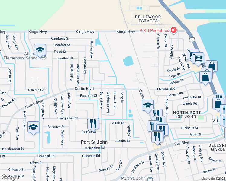 map of restaurants, bars, coffee shops, grocery stores, and more near 7065 Bismark Road in Port Saint John