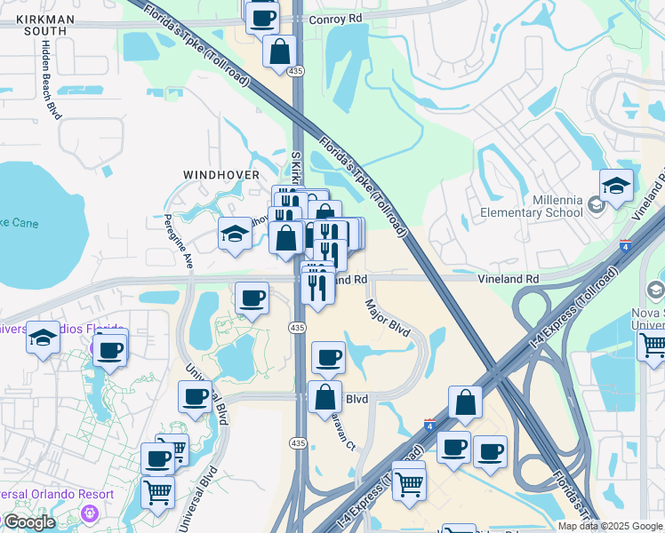 map of restaurants, bars, coffee shops, grocery stores, and more near 5701 Vineland Rd in Orlando