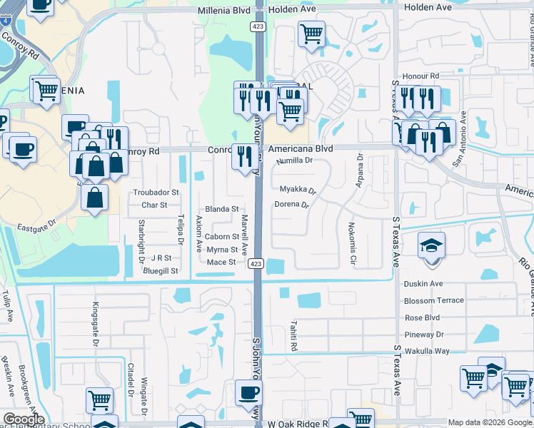 map of restaurants, bars, coffee shops, grocery stores, and more near 5420 Chapparrel Drive in Orlando